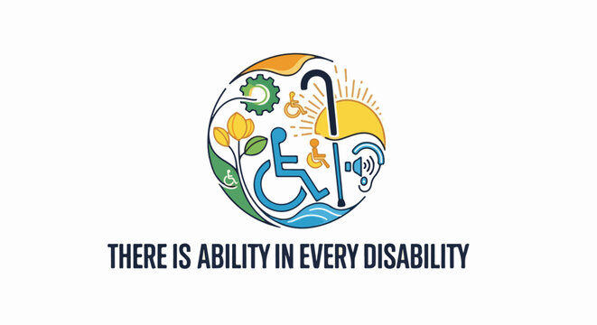 Diverse abilities celebrated within a circular emblem featuring symbols of support