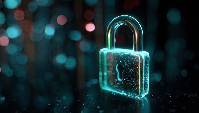 Glowing digital padlock illustration against bokeh background, symbolizing cyber security & protection