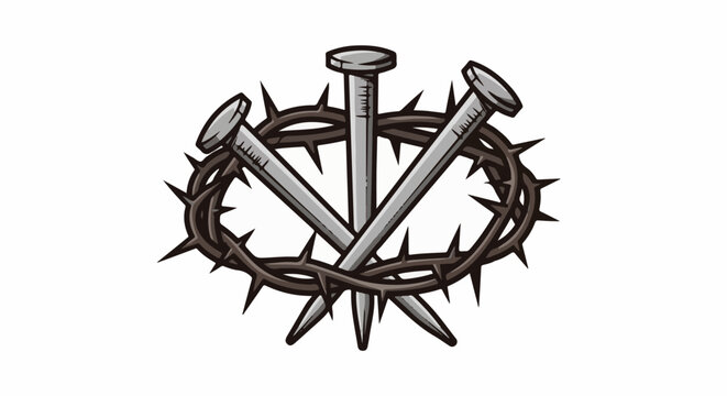 Three sharp nails crossed over a thorny crown on a white background
