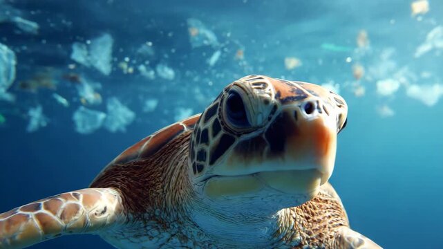 Sea turtle swimming close to floating plastic trash underwater blue scene illustrating danger of ocean pollution emotional awareness minimal distress clean