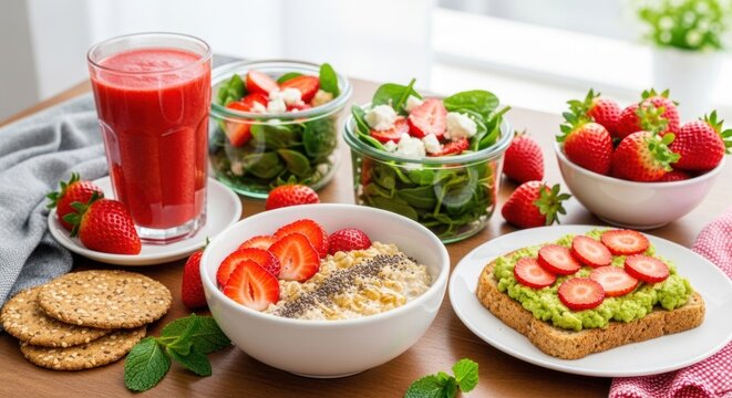 A vibrant and healthy meal is arranged on a wooden table.