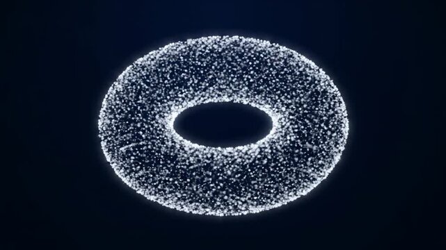 This video features a digital representation of a glowing torus shape composed of numerous sparkling particles against a dark background