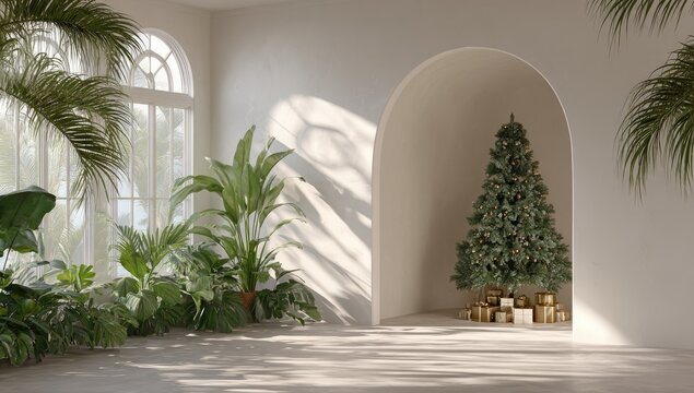 Interior view featuring a festive Christmas tree in a modern architectural setting