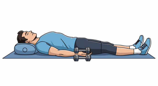 Person lying on mat with dumbbells, ready for exercise