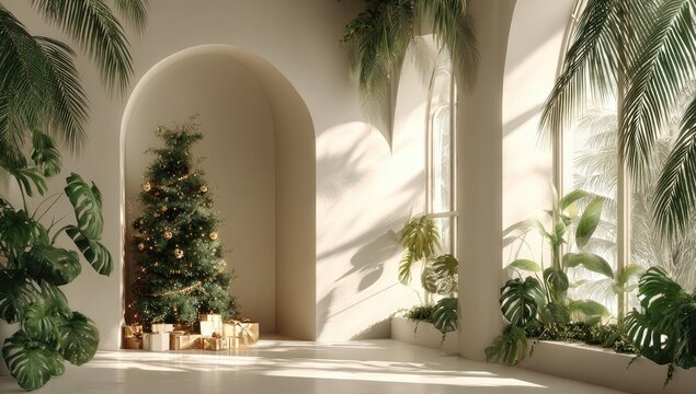 A sunlit, airy interior with a Christmas tree framed by arches and tropical plants