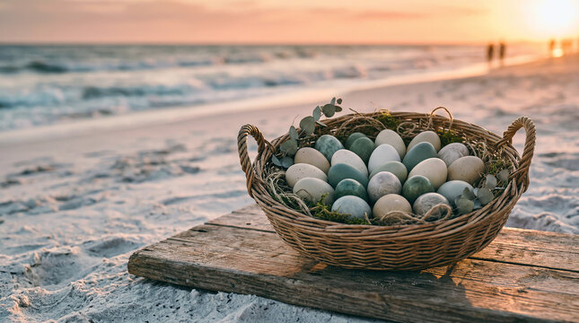 Wicker basket with stone marble eggs on sandy beach at sunset, financial stability and diversification concept, zen nature background, panoramic outdoor view