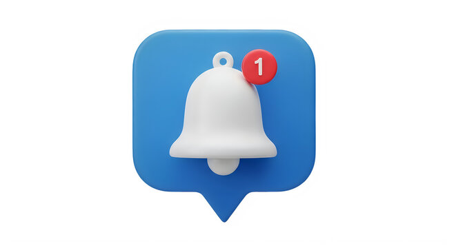 3D notification bell icon with red alert badge on blue speech bubble graphic design