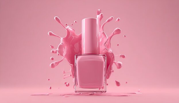 A pink nail polish bottle front and center, with a splash of liquid, on a soft pink background