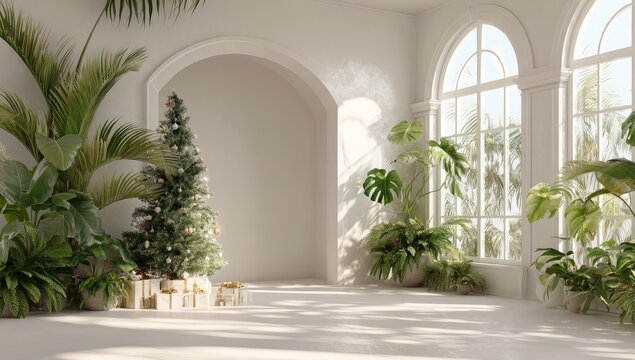 Interior scene with festive Christmas tree amidst lush green plants in a sunlit room