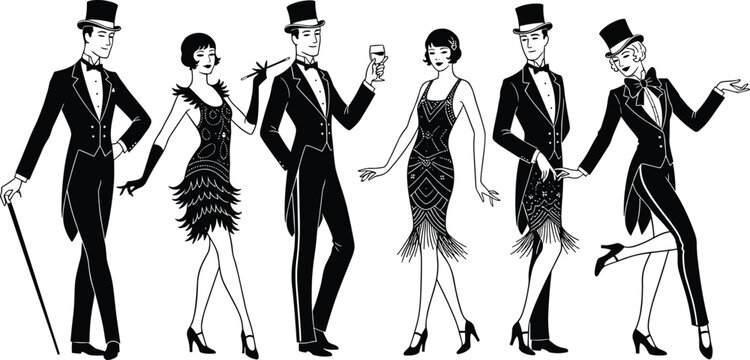 Vintage black and white illustration of elegant men in tuxedos and flapper women in 1920s Great Gatsby style party outfits on white background