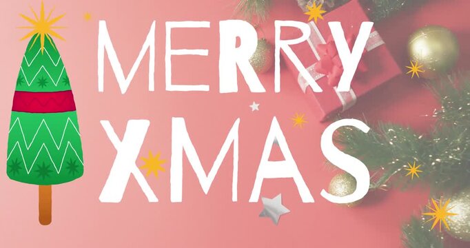 Animation of merry christmas text banner against christmas decorations and gifts on pink surface