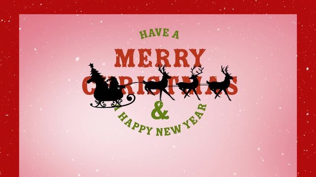Animation of christmas greetings text and santa claus in sleigh with reindeer on red background