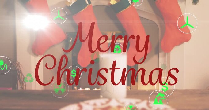Animation of merry christmas text banner and digital icons over christmas cookies and glass of milk