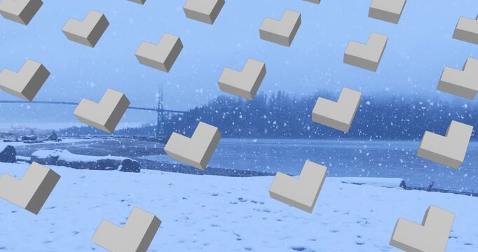Animation of rows of abstract shapes pattern and christmas snow falling over winter scenery