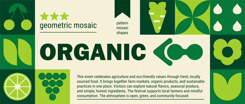 Agriculture background with abstract geometric fruit mosaic and leaf shapes.