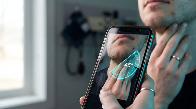Macro smartphone digital goniometer showing 45 degree cervical rotation, cyan UI