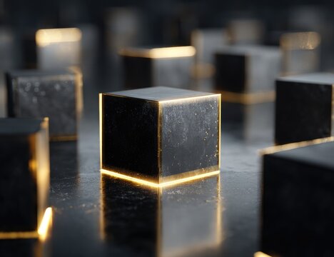 Close-up of numerous dark cubes with golden glowing outlines, on a reflective surface
