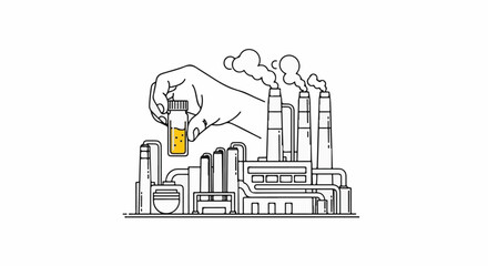 Naklejka premium Hand holding a vial with yellow liquid near smoking factory chimneys