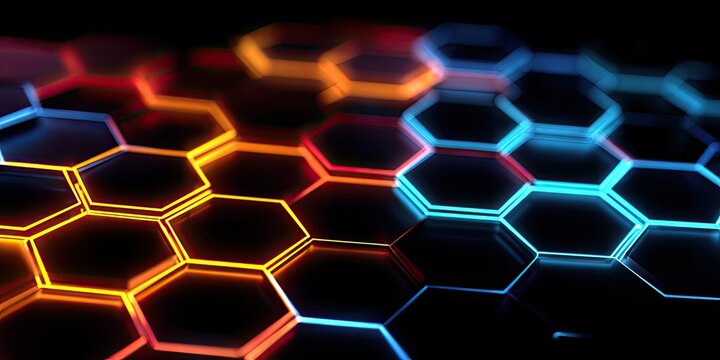 Glowing hexagonal cells in vibrant colors, arranged with a shallow depth of field against black