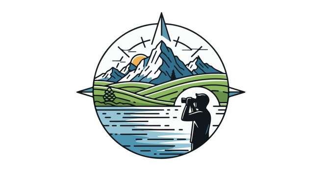 Person with binoculars overlooks scenic mountains, lake, and hills within compass