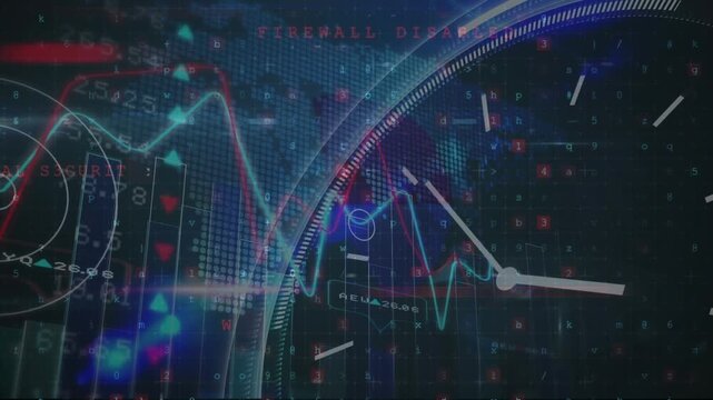 Animation of financial data processing over clock and world map