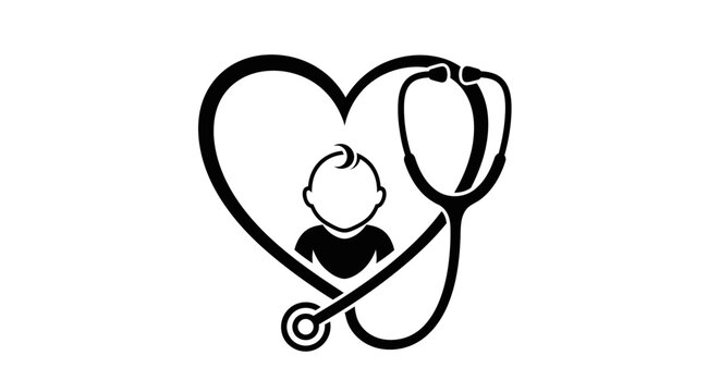 Stethoscope forming a heart shape around a baby, symbolizing pediatric medical care and love on isolated white background.