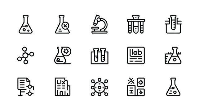 A collection of black and white line icons representing various scientific laboratory equipment and concepts