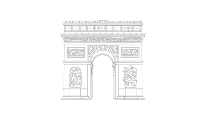Iconic Arc de Triomphe in Paris, Famous French Landmark Line Art, Isolated White Background
