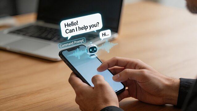 Man using smartphone with AI chatbot assistant digital voice interface smart technology concept modern communication virtual helper mobile app artificial intelligence customer
