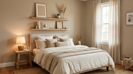 Fototapeta premium A warm bedroom scene with neutral bedding and cozy ambiance