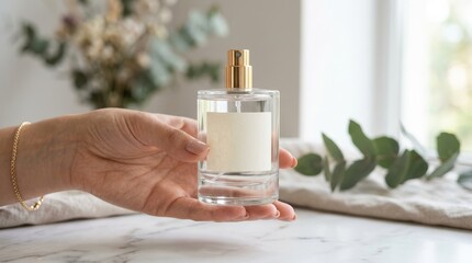 Naklejka premium Hand holding clear glass perfume bottle with gold spray top