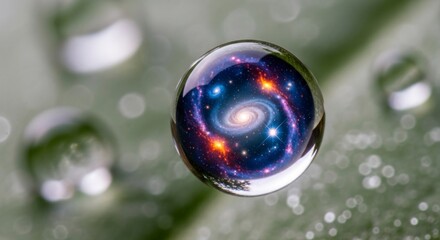 Cosmic galaxy reflected in a water droplet on a green leaf surface
