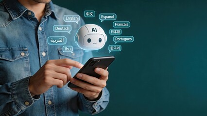 Man using smartphone with AI robot assistant speech bubbles in multiple languages including English Chinese Spanish French German Arabic Thai Japanese Portuguese Korean digital