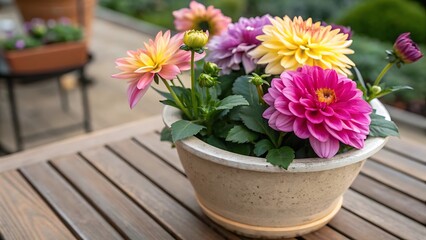Fototapeta premium Colorful Dahlia Flowers in a Pot on a Wooden Table floral bloom