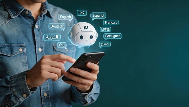 Man using smartphone with AI robot assistant speech bubbles in multiple languages including English Chinese Spanish French German Arabic Thai Japanese Portuguese Korean digital