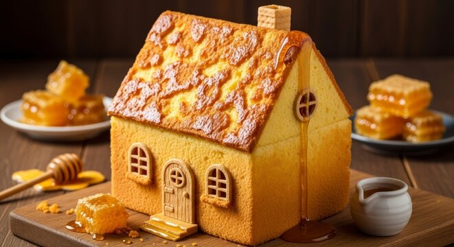 Delicious house shaped cake with honey on a wooden surface