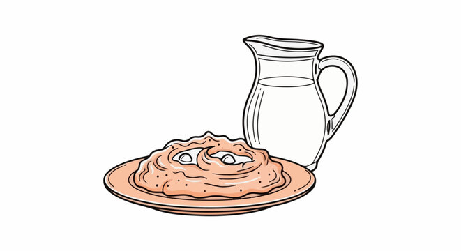 A plate of textured food with embedded circles and a glass pitcher of liquid