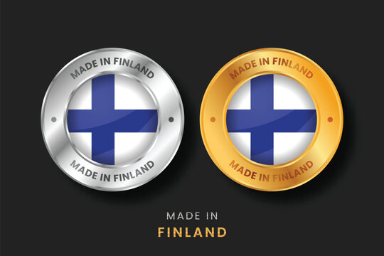 Premium gold and silver metallic seals with the Finland flag. High quality Made in Finland emblems for product packaging, export branding, and manufacturing origin.