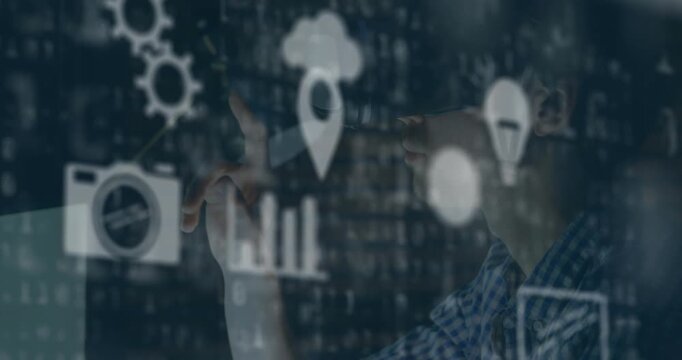 Animation of digital icons and data processing over caucasian man wearing vr headset at office