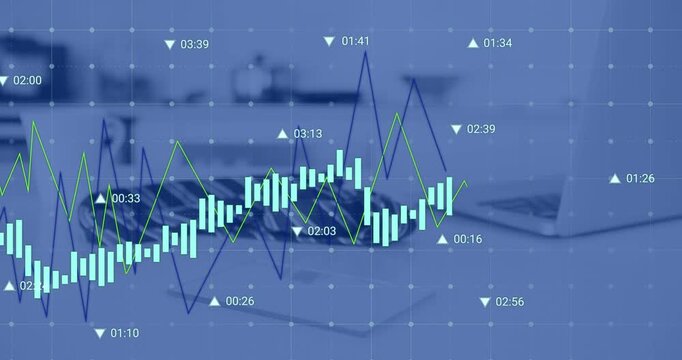 Animation of statistical data processing against laptop, tie and paper on office desk