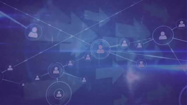 Animation of network of profile icons and arrow icons against light trails on blue background