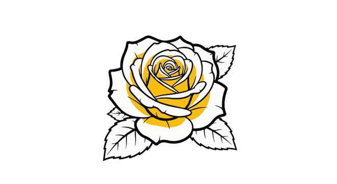 Stylized yellow rose with black outline and green leaves