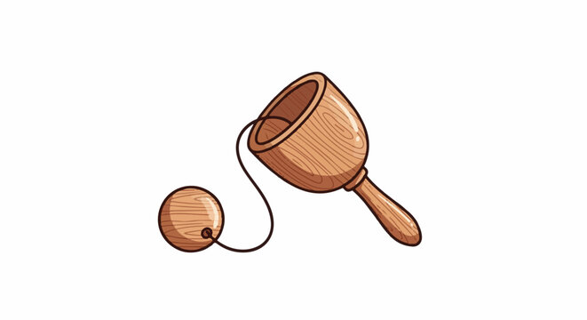 Wooden cup-and-ball toy with string and ball on white background