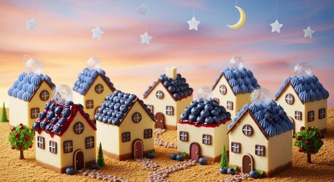 Miniature houses with sweet details under a whimsical night sky