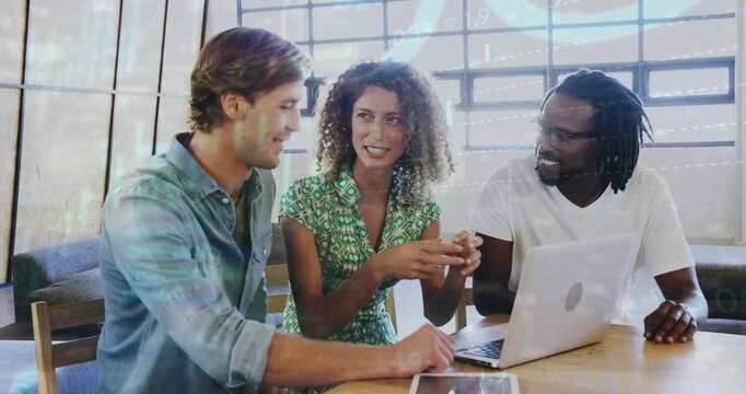 Animation of multiple graphs and trading board, diverse coworkers discussing reports on laptop