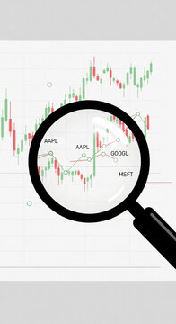 Magnifying glass examines stock market graph with aapl googl msft on white background analyzing financial data
