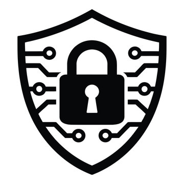 Cybersecurity shield icon with padlock and circuitry - digital data protection and network security with secure access