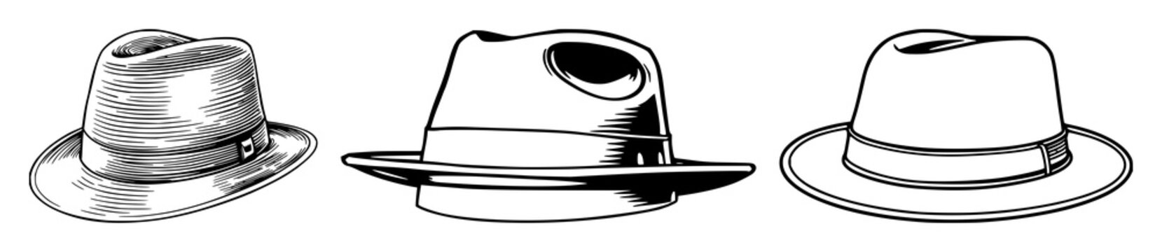 Vintage hat set with black line art design on white background featuring hat, fashion, accessory with silhouette and iconography