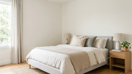 Fototapeta premium A Minimalist Bedroom With A King Size Bed And Neutral Tones