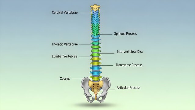 Vertical spine anatomy diagram with color‑coded cervical, thoracic, lumbar vertebrae, sacrum and coccyx showing spinous, transverse and articular processes plus intervertebral discs above pelvis for c